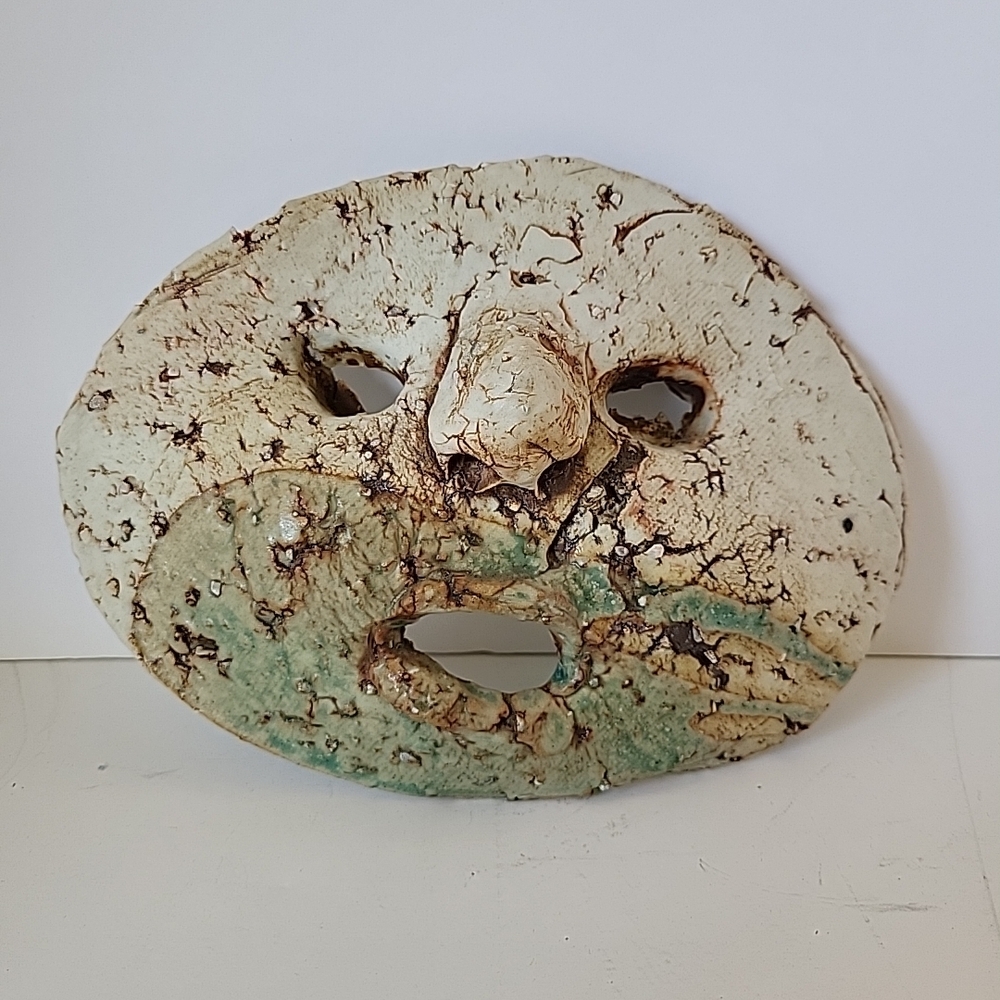 Artist Signed Ceramic Mask with Lava Glaze Green and Cream